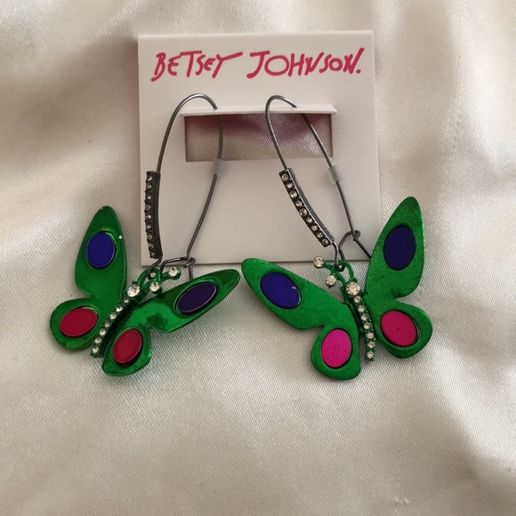 Betsey Johnson Hematite Tone Green Metallic Butterfly Drop Earrings NWT - Picture 3 of 10